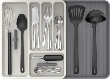MR.SIGA Expandable Cutlery Box for Drawers, Utensil Holder Kitchen, Adjustable Cutlery Organizer for Cutlery, Kitchen Gadgets and Cooking Accessories, White & Grey