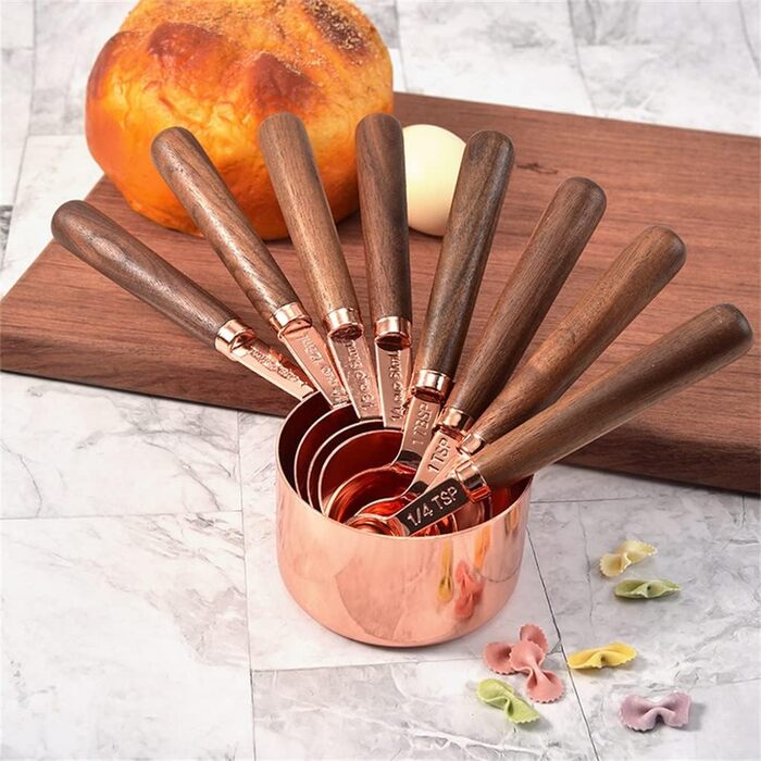 FBHappiness 8-Piece/Charge Stainless Steel Measuring Spoon Set with Walnut Wood Handle, Copper Measuring Cup Set for Baking and Cooking (Color: A, Size A