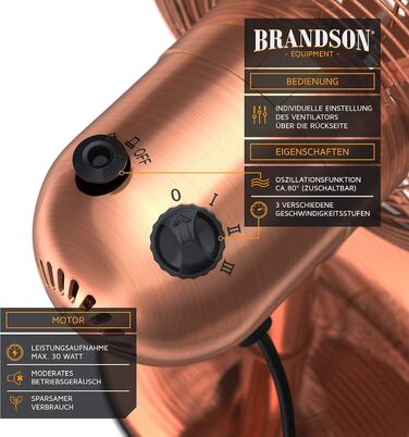 Настільний вентилятор Brandson з мідним дизайном: 3 швидкості, осциляція 80°, кут нахилу 40°, металевий корпус