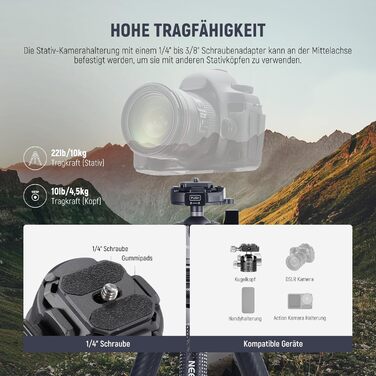 Карбоновий штатив NEEWER LITETRIP LT34 з панорамною головкою 360°, центральною колоною та швидким замком, сумісність з Peak Design Capture V3, макс. навантаження 10 кг