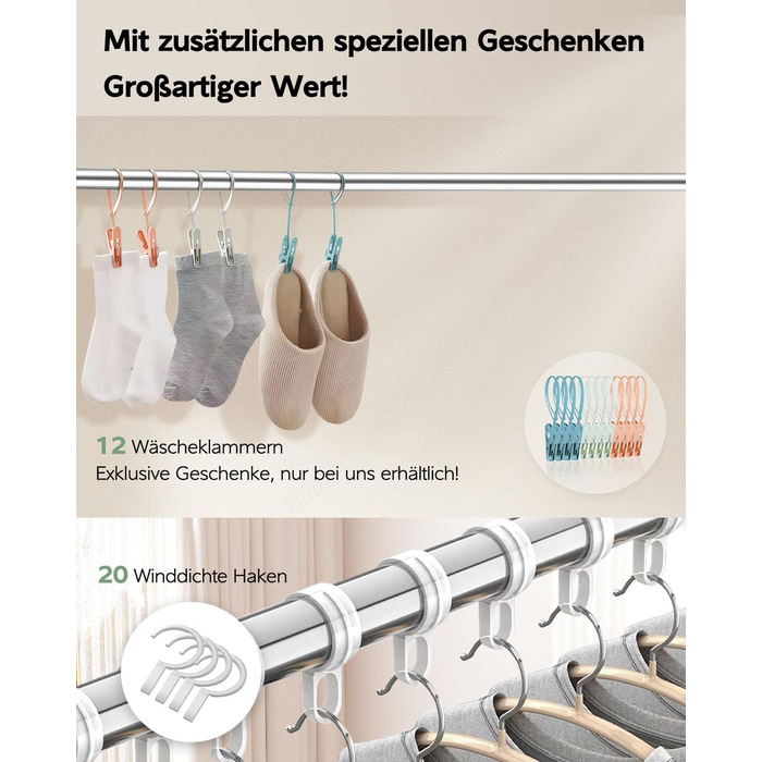 Стійка для сушіння білизни 200 см, складна, для дому та вулиці, нержавіюча сталь, 20 гачків, 12 кліпс, 3 перекладини