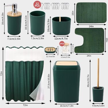Комплект аксесуарів для ванної кімнати: душовий завіс та килимки (темно-зелений)