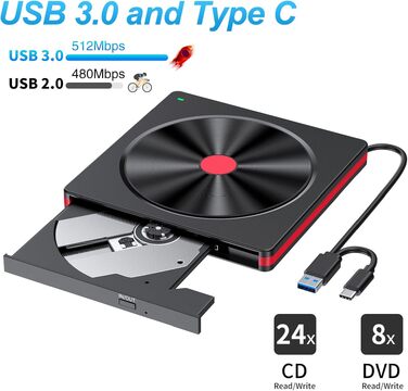 Зовнішній DVD-накопичувач та CD-привід USB 3.0 / USB-C, зовнішній DVD-записувач для ноутбука, ПК, Mac, Windows 11/10/8.1/7, Linux, чорний