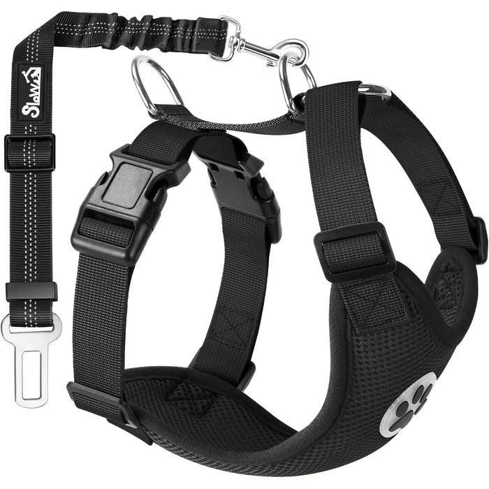 Шлейка для собак SlowTon з кріпленням для авто, чорна, розмір L. Двошарове дихаюче мереживне полотно з латексу, підходить для щоденних занять спортом.