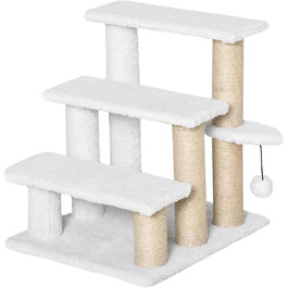 PawHut 3-Step Pet Staircase with Scratching Posts, Ball, Dog Staircase, Animal Staircase for Cats up to 5 kg, Plush Jute, White, 45 x 40 x 48 cm