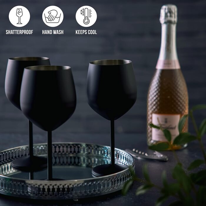 Oak & Steel – набір з 2 елегантних чорних винних келихів з нержавіючої сталі, 540 мл, небиткі, подарунковий набір для вина, для дому та вулиці, днів народжень, вечірок, кемпінгу та барбекю