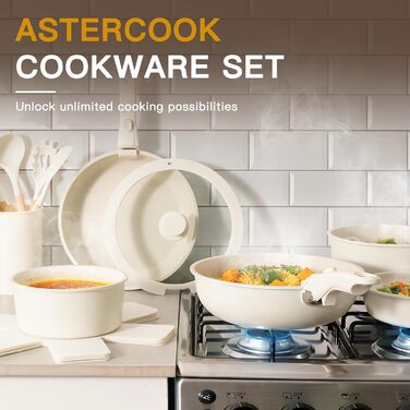 Набір посуду Astercook 21 предмет: каструлі та сковорідки з антипригарним покриттям, керамічний набір посуду, знімні ручки, для дому та кемпінгу, сумісний з індукцією, можна мити в духовці, стійкий, складаний
