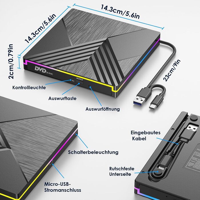 Зовнішній DVD-привід з RGB-підсвіткою, USB 3.0 та Type-C, CD/DVD+/-RW записувач та плеєр для PC, Laptop, MacBook (Windows, macOS, Linux)