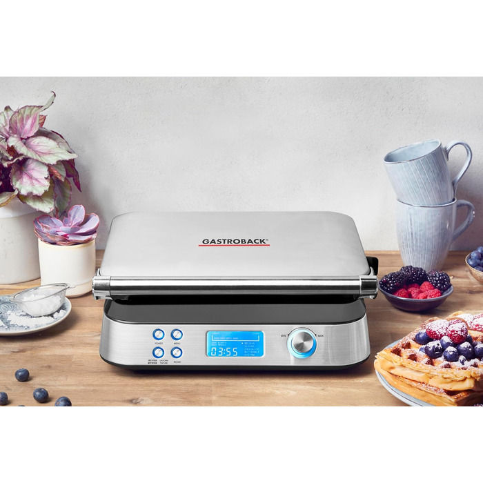 Вафельниця GASTROBACK 42424 Advanced Control, 1600 Вт, 5 програм, 7 рівнів підсмаження, LCD-дисплей, нержавіюча сталь, срібляста, одиночна