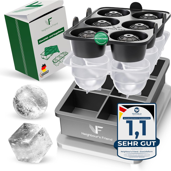 Neighbour's Friend Patented Ice Sphere Mold with XXL Ice Cube Mold - Large Round Silicone Ice Cube Mold for Cocktails, Whisky & Long Drinks - 6x Ice Cubes & 6x Ice Spheres, Dishwasher Safe