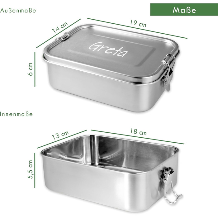 LOOXIS Personalized Stainless Steel Lunchbox with Name & Text Engraved – 1200 ml, including partition, leak-proof, Bento Box, lunchbox – Gift idea for children, school start, work - L