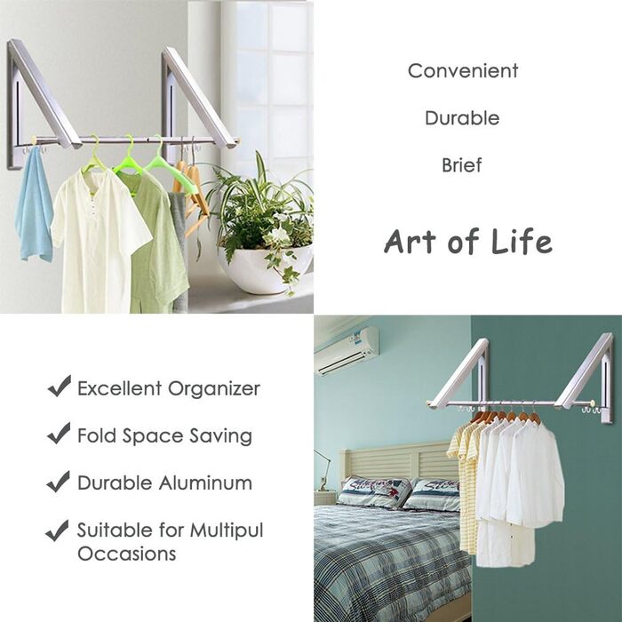 LIVEHITOP Folding Wall Clothes Rack 2 Pack Space-Saving Aluminum Clothes Hooks with Rod and Clothes Hanger Hooks Holder for Bedroom Bathroom Balcony Indoor Outdoor