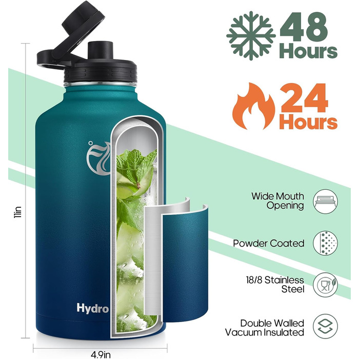 Термопляшка HydroPal 1.2л (1200мл) нержавіюча сталь, BPA-free, зелений/темно-зелений: для спорту, подорожей, кемпінгу. З трубочкою та двома кришками.