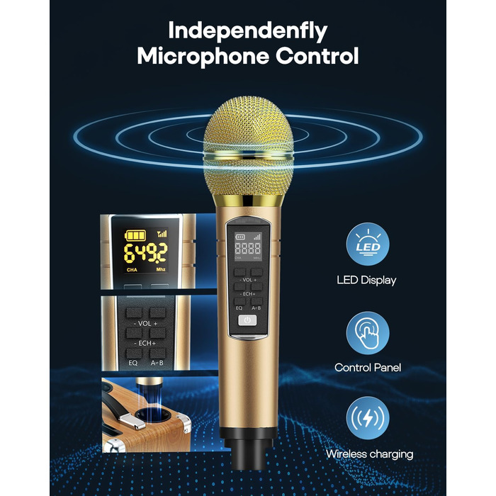 Портативна караоке-система з 2 бездротовими мікрофонами та акумуляторами, 20W, дерев'яний корпус