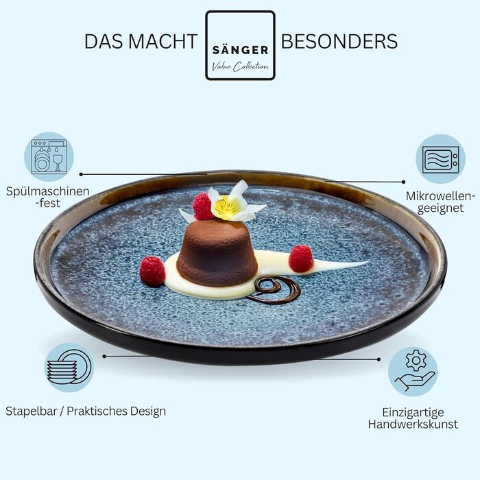 Набір десертних тарілок Sänger Osaka, 6 шт, кераміка, блакитний з чорним обідком, для 6 осіб, VALUE COLLECTION