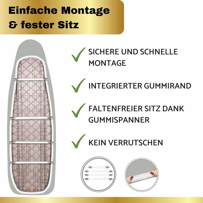 Чохол для прасувальної дошки 120x40 см, 100% бавовна, для парової праски, посилена підкладка, гумка та фіксатор, світло-сірий, однотонний