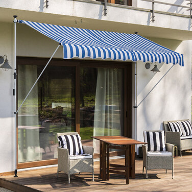 Markiza Outsunny з ручною кришкою, Ш300 x Г150 x В170-280 см, регульована по висоті, маркіза стійка до погодних умов, водонепроникна, алюмінієва, поліестер, синьо-біла