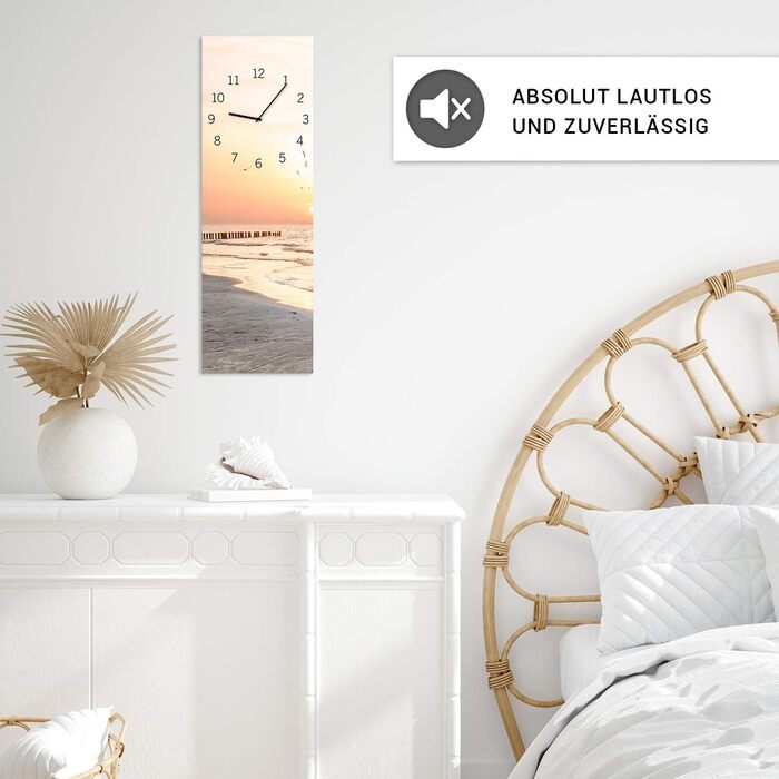 Скляний настінний годинник Beach 20x60 см, безшумний, жовтий, для вітальні, металеві стрілки, сонце, море, виготовлено в ЄС