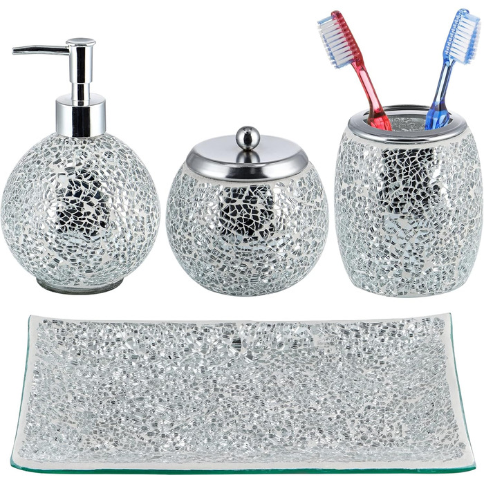 4-Piece Mosaic Glass Bathroom Accessories Set, Modern Luxury Bathroom Ensemble, including Soap Dispenser, Cotton Swab Holder, Toothbrush Holder, Vanity Tray (Shiny Blue) (Shiny Silver)