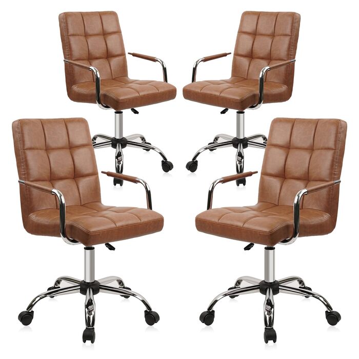 Крісло офісне Clatina Leder, 160 кг, ергономічне, 360° обертання, регульована висота, середні підлокітники, комплект 4 шт. (Колір: Коричневий)