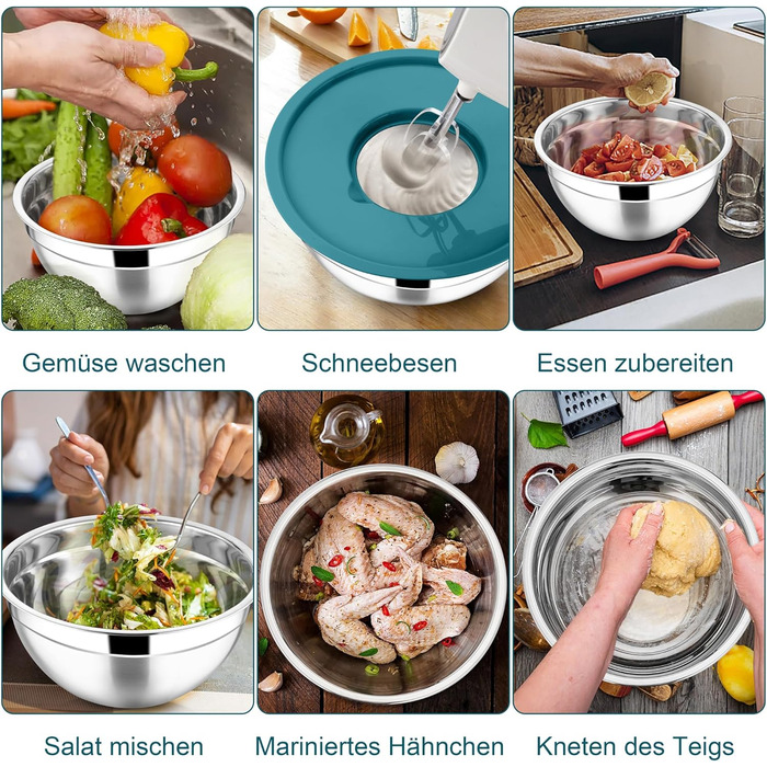 Миска Joyfair 4,5 л з нержавіючої сталі з кришкою, набором терок для приготування їжі, миска для салатів, посудомийна машина - блакитна