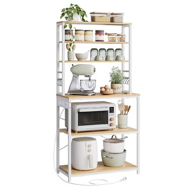 Стелаж кухонний VASAGLE з розетками, 6 полиць, гачки, сталевий каркас, 40x60x167 см, колір горіх + білий