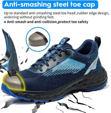 Черевики безпеки ISOOUS для чоловіків та жінок. Легкі, дихаючі, з металевим капаком, антиковзаючі, зручні. Розмір 43 EU, блакитні.