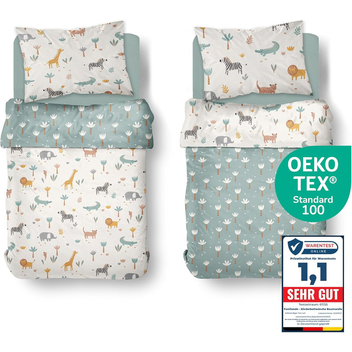 Дитяча постільна білизна комплект (2-частини) з 100% бавовни Oeko-Tex - ковдра 100x135 см та подушка 40x60 см з блискавкою. Дитяча постіль, дихаюча, регулює температуру, Сафарі з тваринами