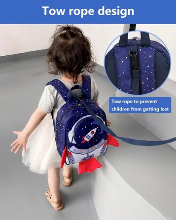 Дитячий рюкзак для садка та школи Kinderrucksack, темно-синій, з поворотком, для дітей 1-3 років, форма ракети