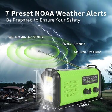 Сонячне радіо Kurbelradio з Powerbank 20000mAh, AM/FM/WB радіо, ліхтарик, зарядний пристрій USB-C, SOS-сигнал, компас, водонепроникне для відпочинку на природі, кемпінгу, екстрених ситуацій, зелений світло-зелений