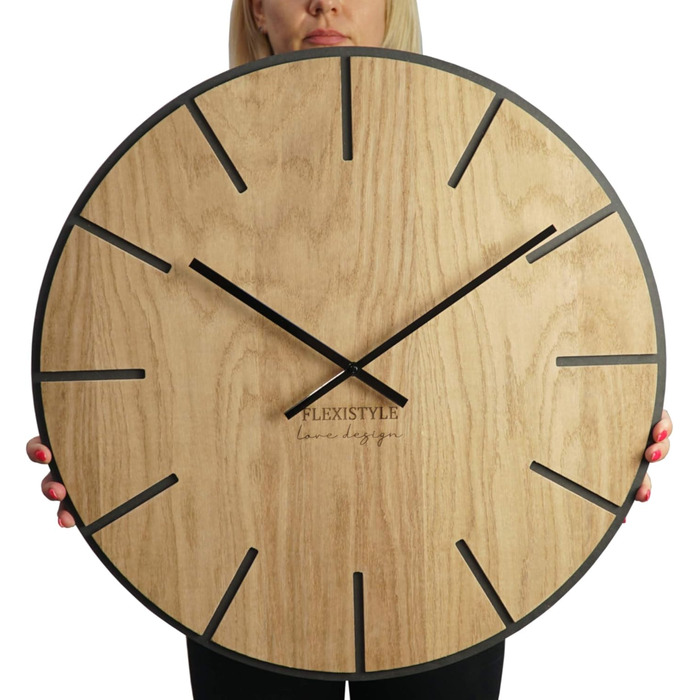 FLEXISTYLE Large Wall Clock without Ticking Sounds, Wood Art Black 60cm, Living Room, Bedroom, Made in EU, z216-2