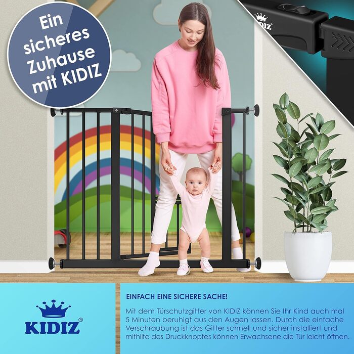 Захисне ворота KIDIZ для котів з люком, захист для дверей, ворота на сходи для дітей без свердління | Зупинка 90°, поворотні, білий колір, ширина (88-101 см)