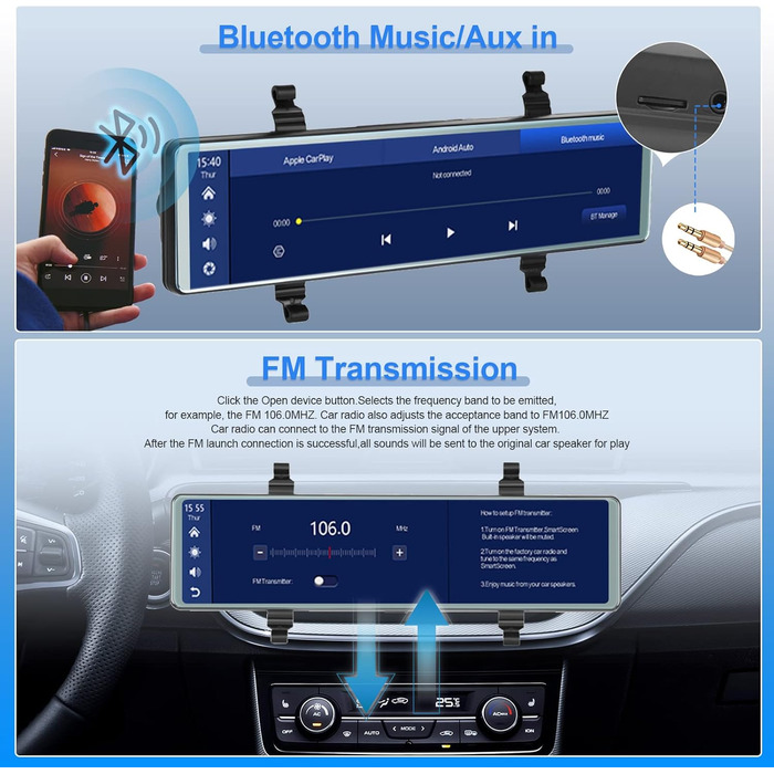 Автомобільний відеореєстратор Hodozzy з дзеркалом, Carplay, Android Auto, Bluetooth, 11.26