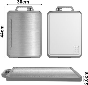 Ніжне нарізне дошка XIAPIA з нержавіючої сталі 304 та пластику з точилкою для ножів, 44x30x2,6 см, велика кухонна дошка з антибактеріальним покриттям, без BPA, з вбудованим ручкою та лінійкою, сіра