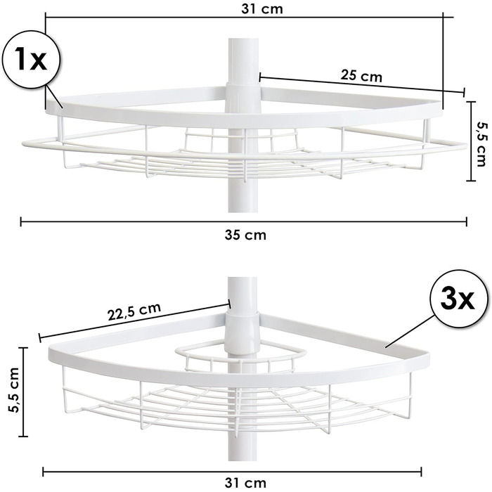 Bremermann Telescope Corner Shelf, 4 Baskets, Telescope Rod up to approx. 290 cm (White)