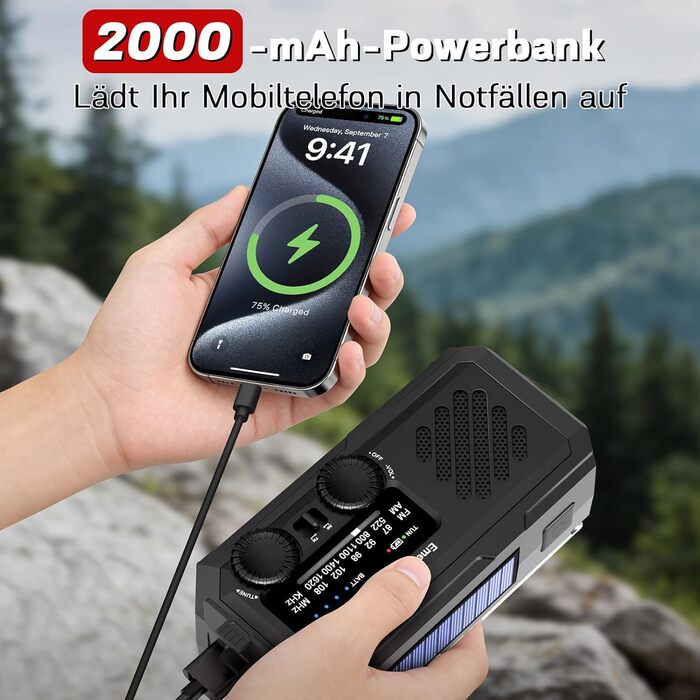 Радіо Milfech сонячне з ручним заводом, AM/FM, 2000mAh, ліхтарик LED, SOS-сигнал, для кемпінгу та надзвичайних ситуацій, чорне