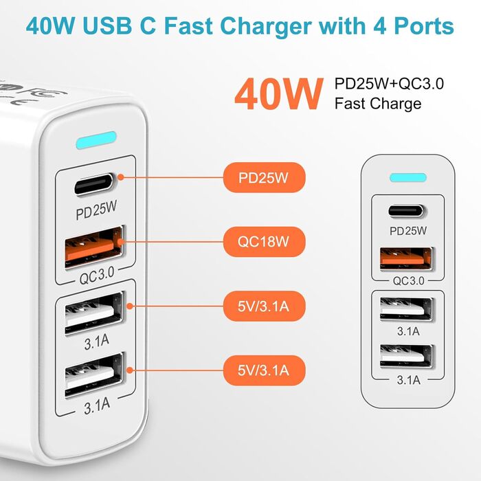Мережевий зарядний пристрій USB C на 4 порти, 40W, PD&QC3.0, для iPhone, Samsung Galaxy