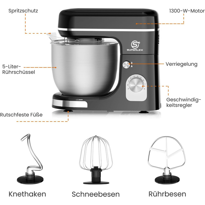 Кухонна машина SUPERLEX 3-в-1: міксер, тістоміс, блендер. 1300W, 5л чаша з нержавіючої сталі, 8 швидкостей, з набором насадок (крюк, вінчик, вінчик для збивання), захист від бризок. Для приготування тіста, випічки та десертів.