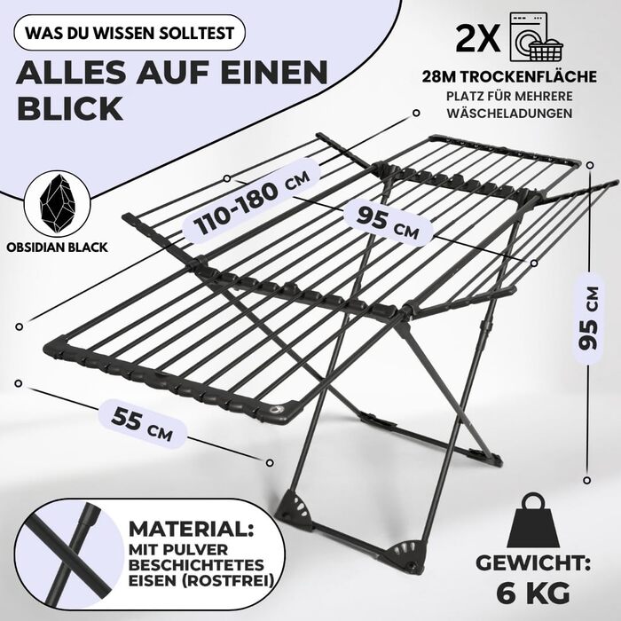 MONDHEIM® Сушарка для білизни XXL, 26 м довжини, чорна, знімний поперечина, для балкону/тераси