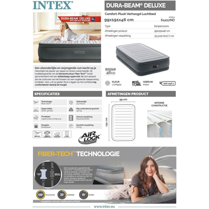 Надувне ліжко Intex Twin Comfort-Plush з Fiber-Tech RP, розмір: 99 x 191 x 46 см (64412ND)