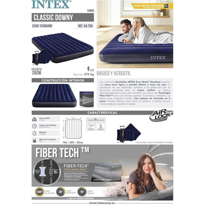 Надувний матрац Intex 64765, кольоровий, 203 x 152 x 25 см (комплект з подушкою)