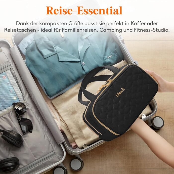 Жіноча дорожня косметичка Lifewit 5L, водовідштовхувальна косметичка з відділенням для мокрого одягу, органайзер для макіяжу, аксесуарів, шампуню та туалетних речей, чорна, M