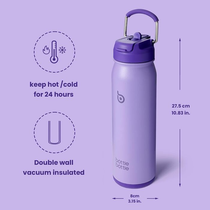 BOTTLE BOTTLE Stainless Steel Water Bottle 24oz (709ml) with Straw Handle and Pill Compartment for Outdoor School, Insulated Sports Bottle (Violet)