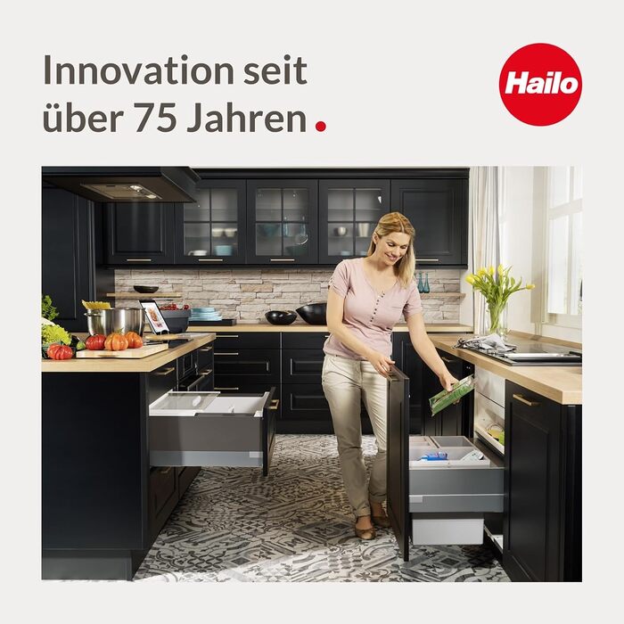 Вбудований контейнер для сміття Hailo Tandem 3666101 – система сортування сміття, 2х15л, повний висув, телескопічні направляючі, для кухонних шаф від 30 см, темно-сірий