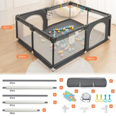 COMOMY Playpen Baby, 180x200x66cm Play Yard Baby Large XXL Safety Play Area Protective Fence for Children with Soft Net, Non-Slip Oxford Bottom, Balls, Mini-Baskets, and 4 Pull Rings, Green 180x200x66cm Dark Green