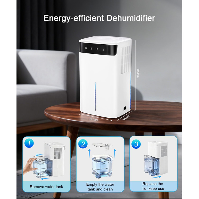 Електричний осушувач повітря з низьким рівнем шуму та підсвіткою, 500 мл. Захист від замерзання. Ідеально для кухні та підвалу