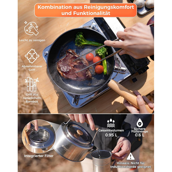 Набір посуду для кемпінгу KingCamp з кошиком, нержавіюча сталь, антипригарне покриття, 4-х частинний набір + чайник