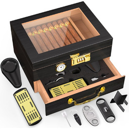 Герметичний вологомір для сигар | Виготовлений з персикового дерева | З вологоміром на передній панелі, ящик для аксесуарів, повний набір аксесуарів | Чорний, на 20-70 сигар