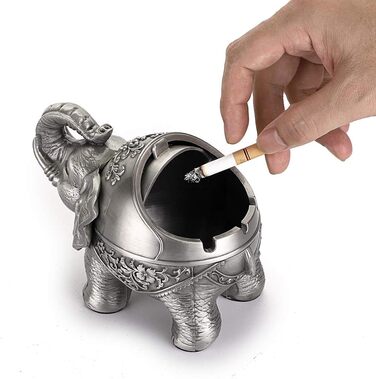BSTKEY Vintage Ashtray with Lid – Elephant Shape, Table Ashtray, for Indoor and Outdoor Use, Retro, for Home, Office, Decoration Silver