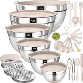 Mixing Bowl Set of 6, Stainless Steel Bowls with Airtight Lid & Silicone Bottom, 3 Grater Attachments, Bowl Set for Baking/Serving, 6.6 L/3.8 L/2.4 L/1.9 L/1.4 L/0.6 L - Khaki